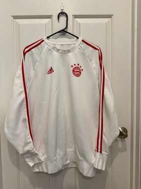 Adidas White Crewneck Sweatshirt with Red Stripes and Badge